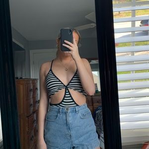 Black and white stripe body suit